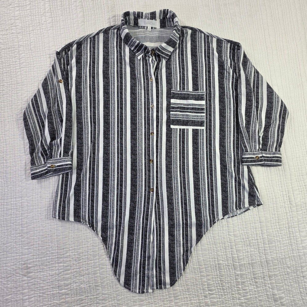 Eden & Olivia Womens L Black White Striped Roll Tab Blouse Button Up Top Dolman